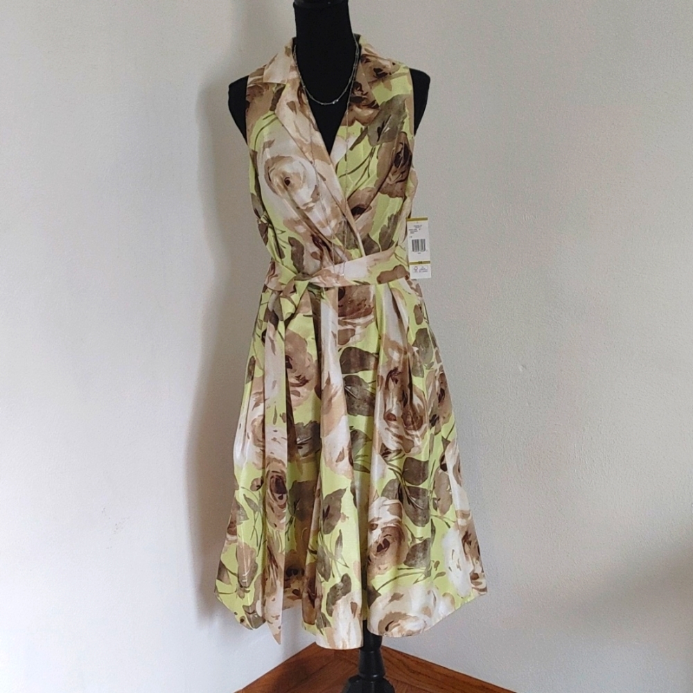 Evan Picone Dresses | Evan Picone Floral Faux Wrap Pleated Sash Belted Dress